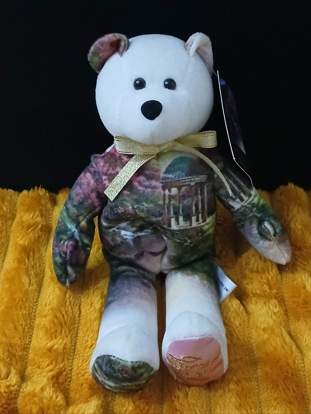 Thomas Kinkade Painter of Light Bear 24K Gold Paw Scenic Fabric Ribbon Tag